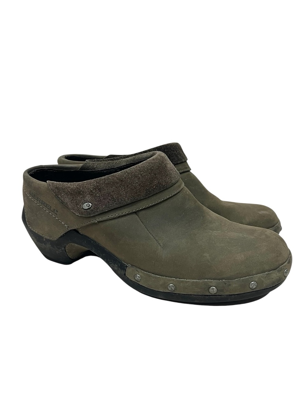 Merrell Luxe Wrap Leather Slip On Studded Clogs Mules Taupe Nubuck 7